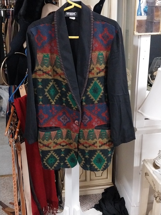 Wrapper Jackets & Blazers - Vintage Wrapper USA Black Blazer with Multicolor Southwestern Front
